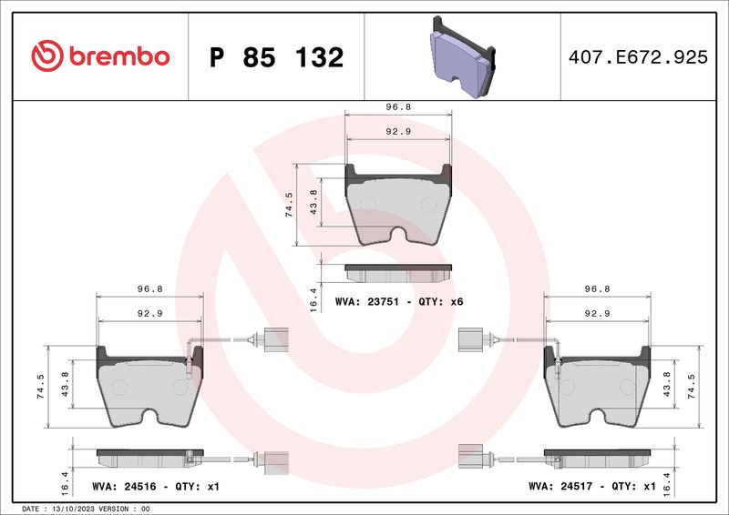 Комплект тормозных колодок, дисковый тормоз BREMBO P85132
