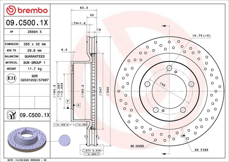 Тормозной диск BREMBO 09C5001X