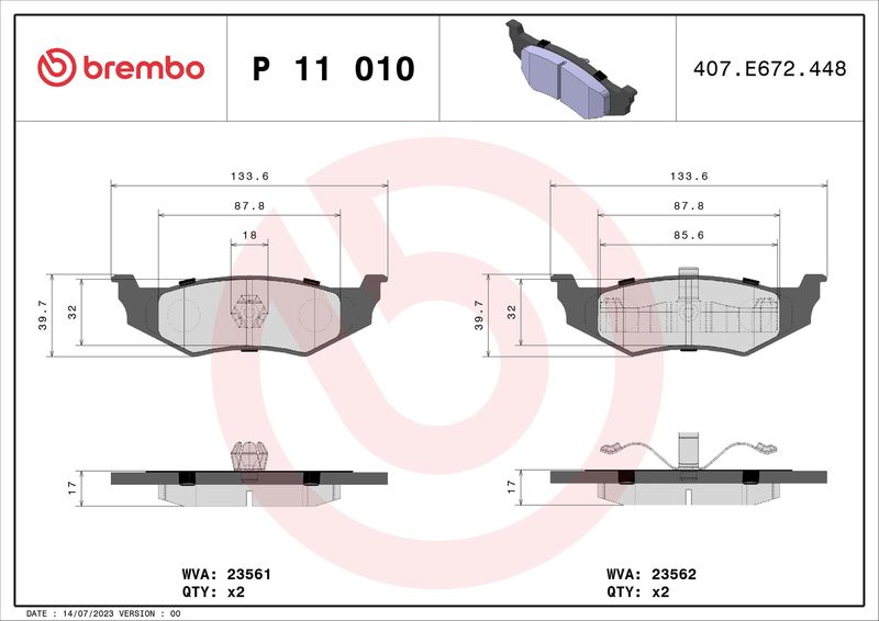 Комплект тормозных колодок, дисковый тормоз BREMBO P11010