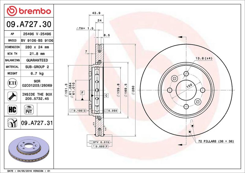 Тормозной диск BREMBO 09A72731