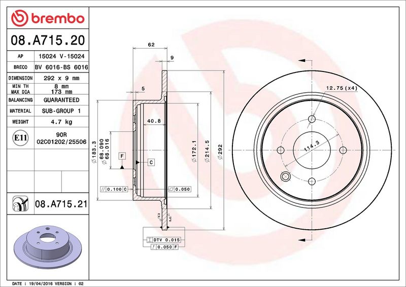 Тормозной диск BREMBO 08A71521