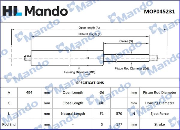Газовая пружина, крышка багажник MANDO MOP045231