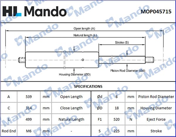 Газовая пружина, крышка багажник MANDO MOP045715
