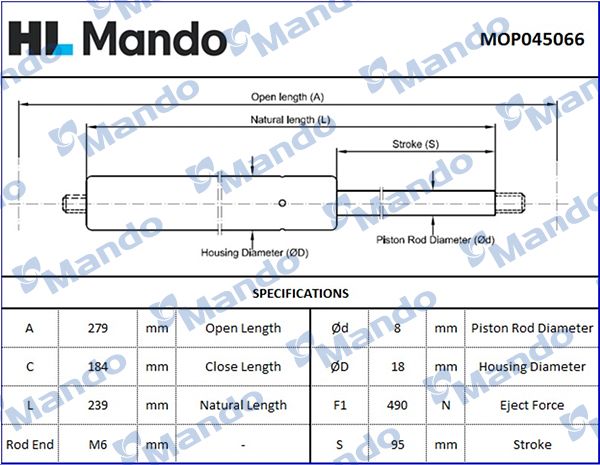 Газовая пружина, крышка багажник MANDO MOP045066