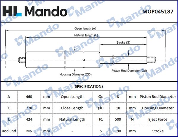 Газовая пружина, крышка багажник MANDO MOP045187