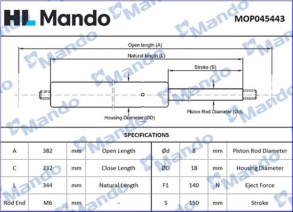 Газовая пружина, крышка багажник MANDO MOP045443