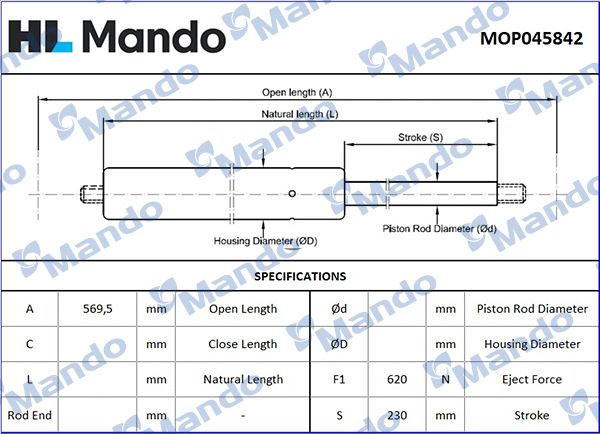 Газовая пружина, крышка багажник MANDO MOP045842