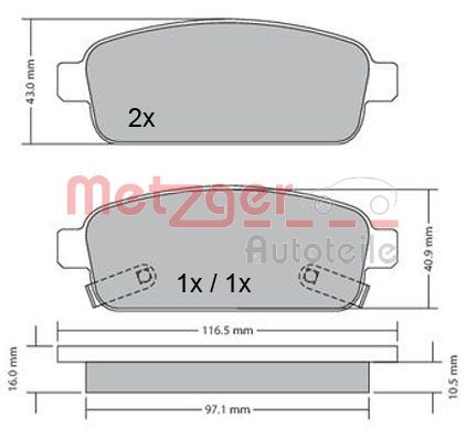 Комплект тормозных колодок, дисковый тормоз METZGER 1170164