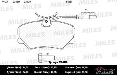 Комплект тормозных колодок, дисковый тормоз MILES E100128
