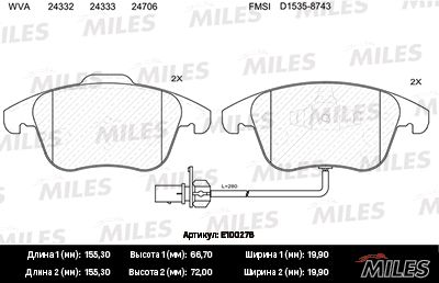 Комплект тормозных колодок, дисковый тормоз MILES E100276
