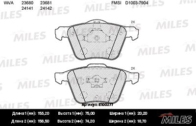 Комплект тормозных колодок, дисковый тормоз MILES E100277