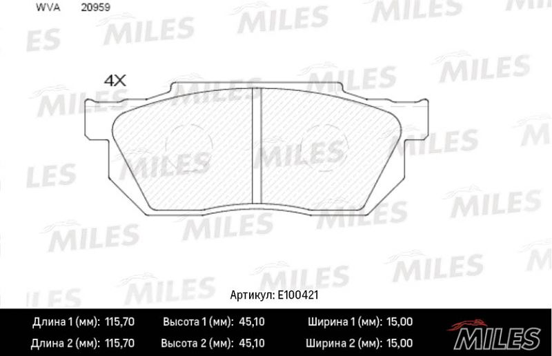 Комплект тормозных колодок, дисковый тормоз MILES E100421
