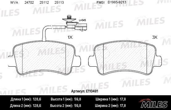 Комплект тормозных колодок, дисковый тормоз MILES E110481