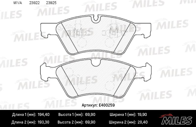 Комплект тормозных колодок, дисковый тормоз MILES E400259