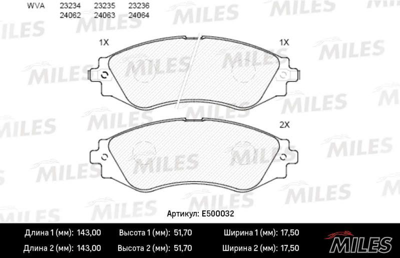 Комплект тормозных колодок, дисковый тормоз MILES E500032