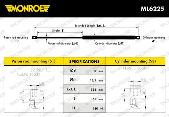 Газовая пружина, крышка багажник MONROE ML6225