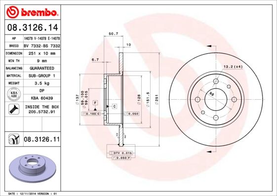 Тормозной диск BREMBO 08312614