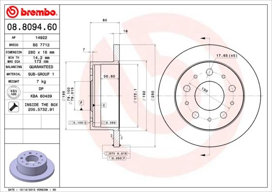 Тормозной диск BREMBO 08809460