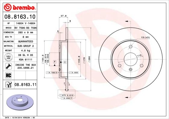 Тормозной диск BREMBO 08816311
