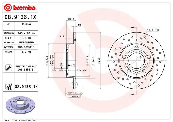 Тормозной диск BREMBO 0891361X