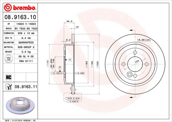 Тормозной диск BREMBO 08916310