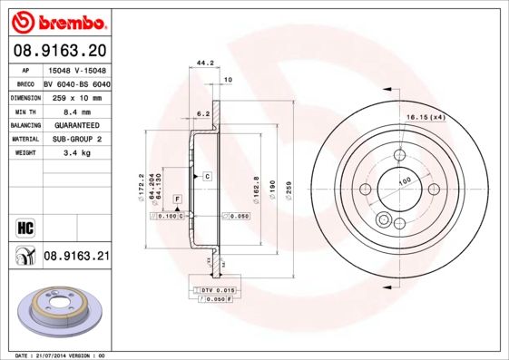 Тормозной диск BREMBO 08916321