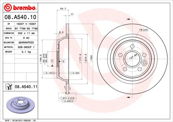 Тормозной диск BREMBO 08A54011