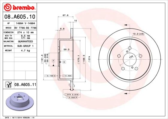 Тормозной диск BREMBO 08A60511