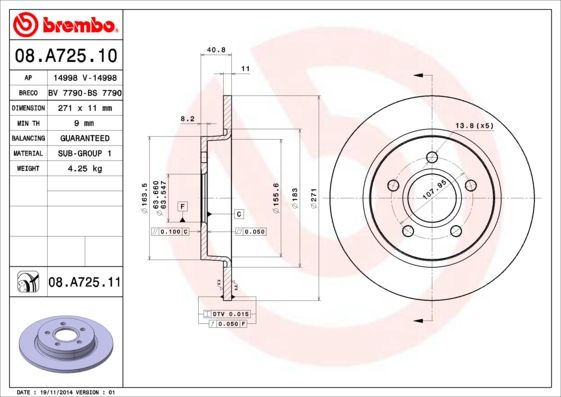 Тормозной диск BREMBO 08A72510
