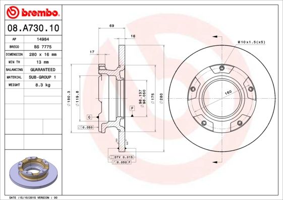 Тормозной диск BREMBO 08A73010