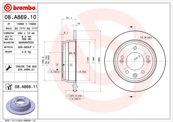 Тормозной диск BREMBO 08A86911