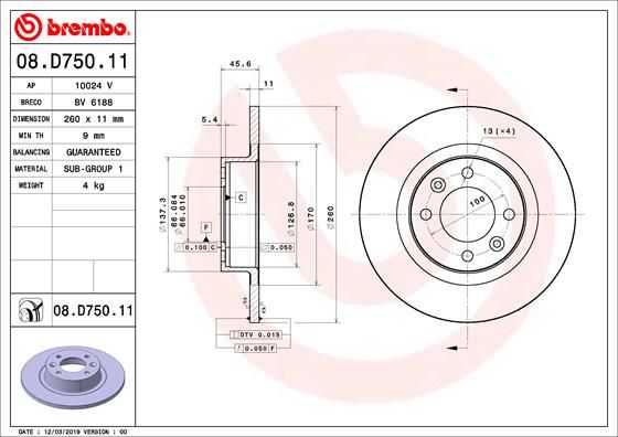 Тормозной диск BREMBO 08D75011