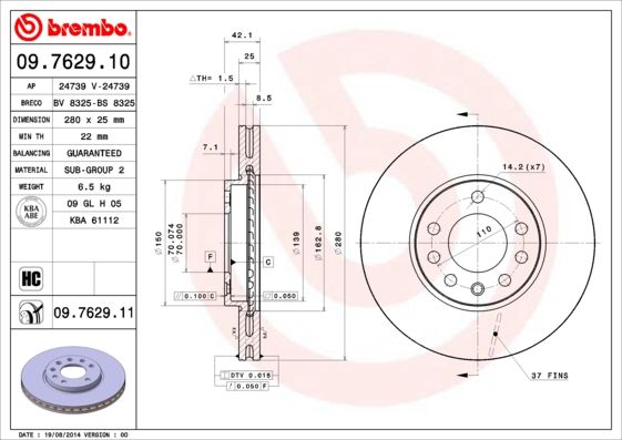 Тормозной диск BREMBO 09762910