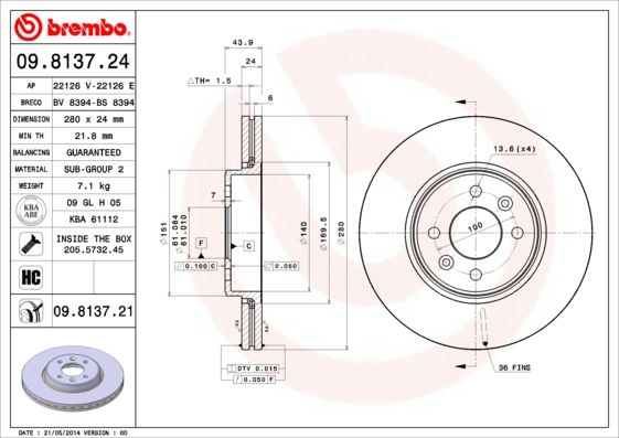 Тормозной диск BREMBO 09813724