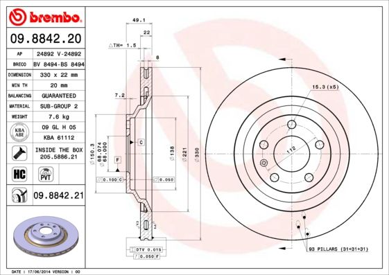 Тормозной диск BREMBO 09884221