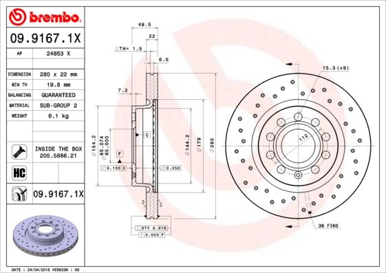 Тормозной диск BREMBO 0991671X