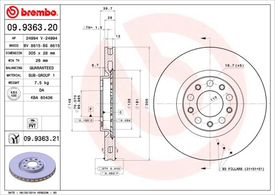 Тормозной диск BREMBO 09936321