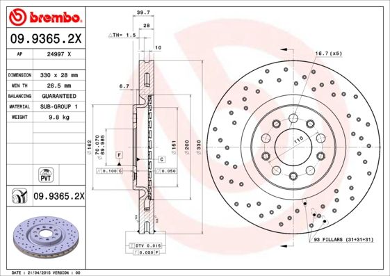 Тормозной диск BREMBO 0993652X