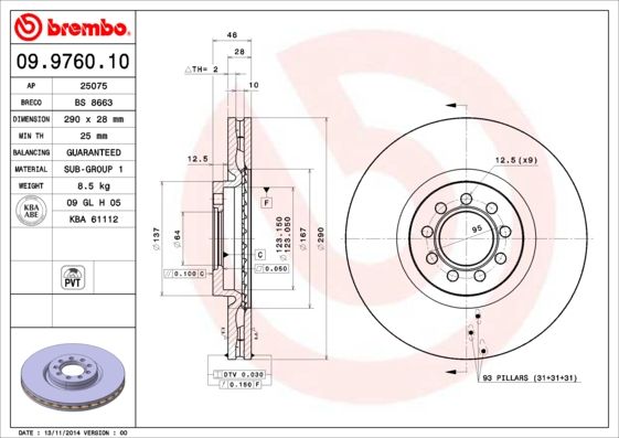 Тормозной диск BREMBO 09976010