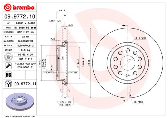 Тормозной диск BREMBO 09977211