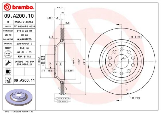 Тормозной диск BREMBO 09A20011