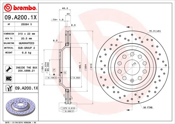 Тормозной диск BREMBO 09A2001X
