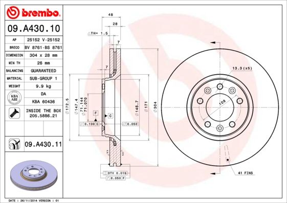 Тормозной диск BREMBO 09A43011