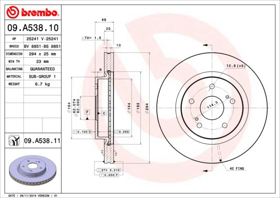 Тормозной диск BREMBO 09A53810