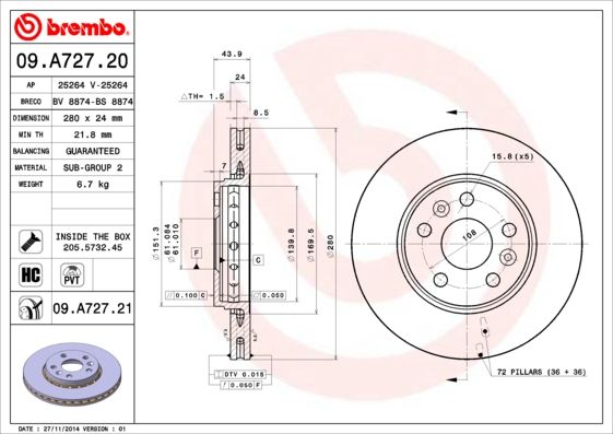 Тормозной диск BREMBO 09A72721