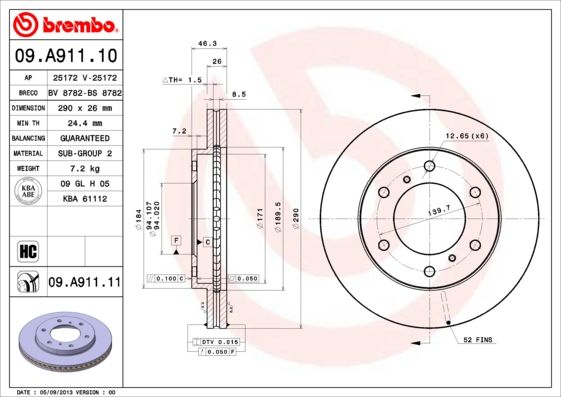 Тормозной диск BREMBO 09A91110