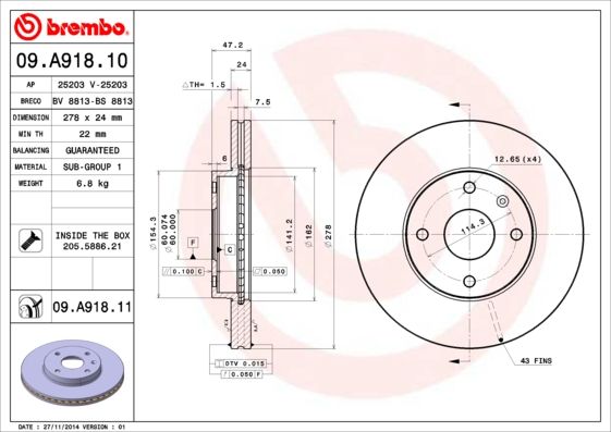 Тормозной диск BREMBO 09A91810