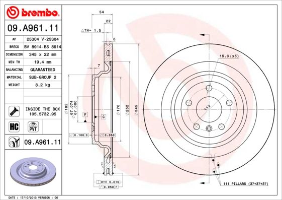 Тормозной диск BREMBO 09A96111