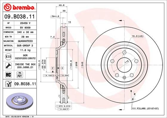 Тормозной диск BREMBO 09B03811