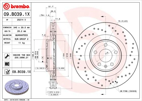 Тормозной диск BREMBO 09B0391X